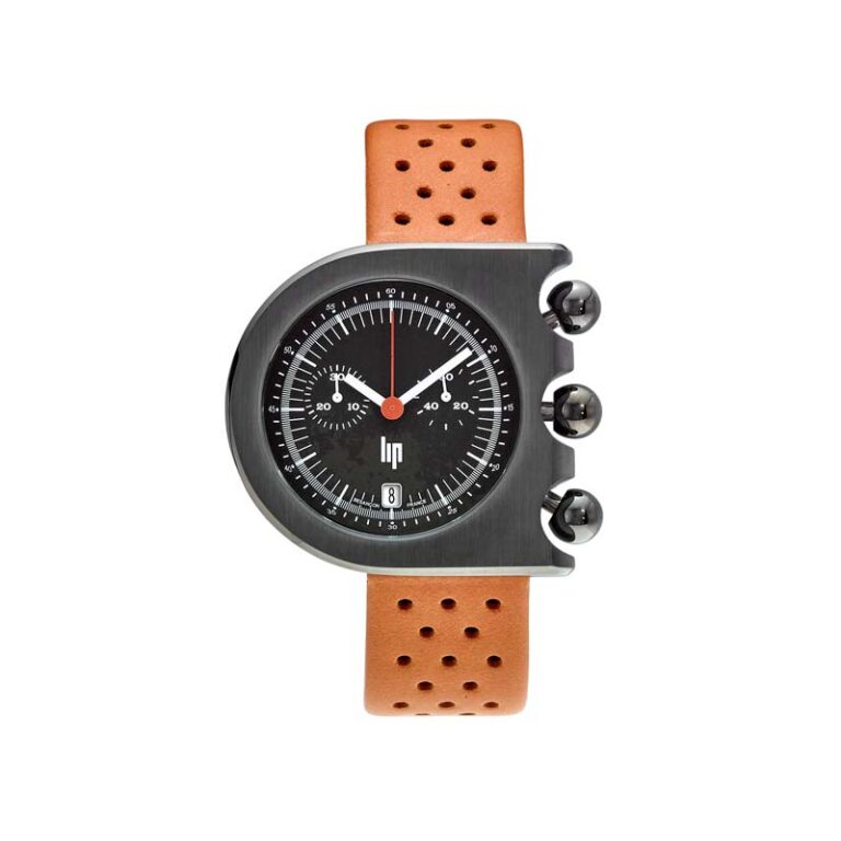 Montre Mach 2000 Chronographe Acier avec bracelet en cuir gold perforé créée par Roger Tallon