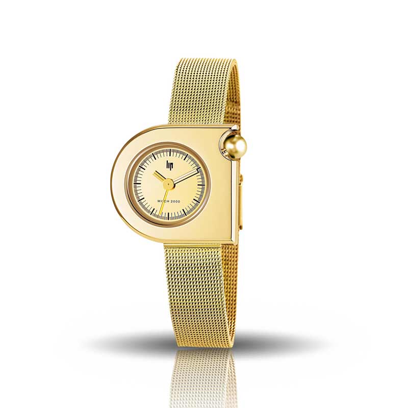 Montre Mach 2000 Mini dorée avec bracelet en métal doré créée par Roger Tallon