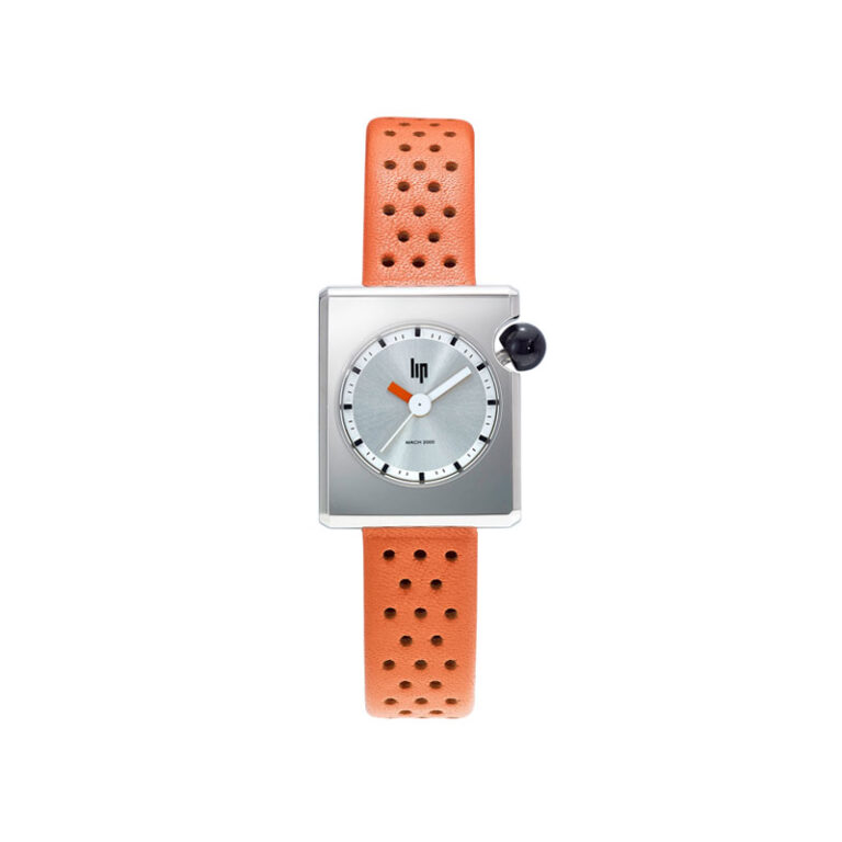 Montre Mach 2000 Mini Square argent avec bracelet en cuir perforé rose créée par Roger Tallon