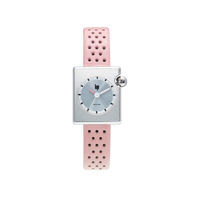 Montre Mach 2000 Mini Square argent avec bracelet en cuir perforé rose créée par Roger Tallon