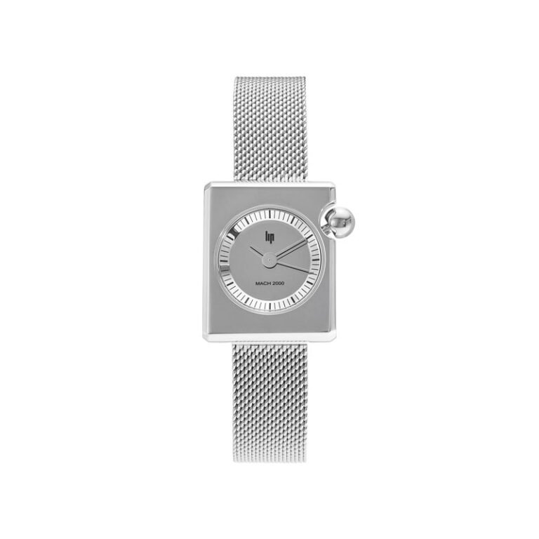 Montre Mach 2000 Mini Square argent avec bracelet en métal argent créée par Roger Tallon