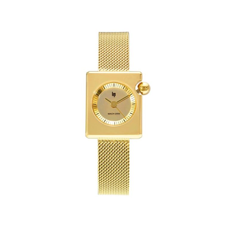 Montre Mach 2000 Mini Square dorée avec bracelet en métal doré créée par Roger Tallon