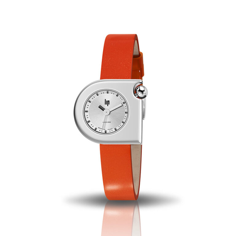 Montre Mach 2000 Mini argent avec bracelet en cuir orange créée par Roger Tallon