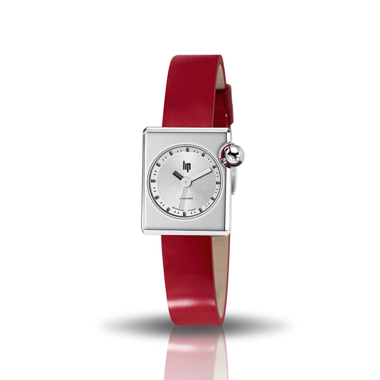 Montre Mach 2000 Mini square argent avec bracelet en cuir rouge créée par Roger Tallon